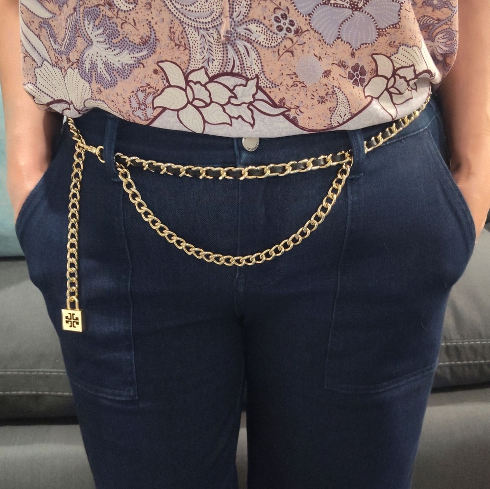 Tory Burch Gold Chain & Black Leather Belt with Charm